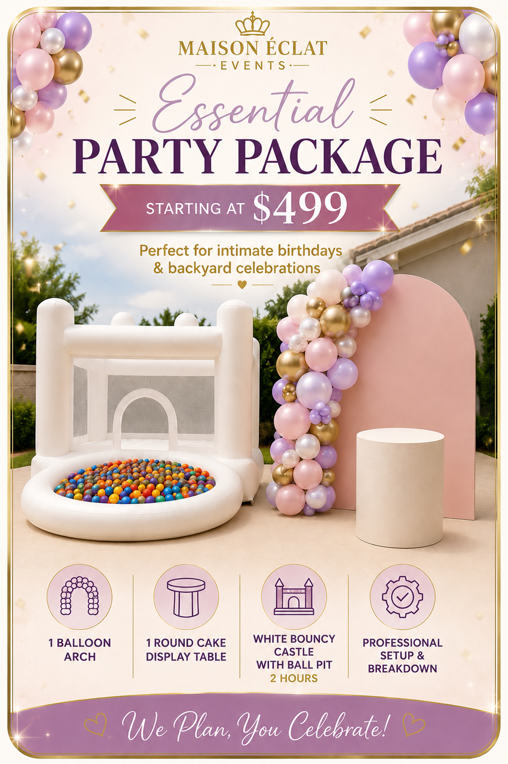 Maison Eclat Events Essential Party Package with balloon arch, display table, and white bouncy castle