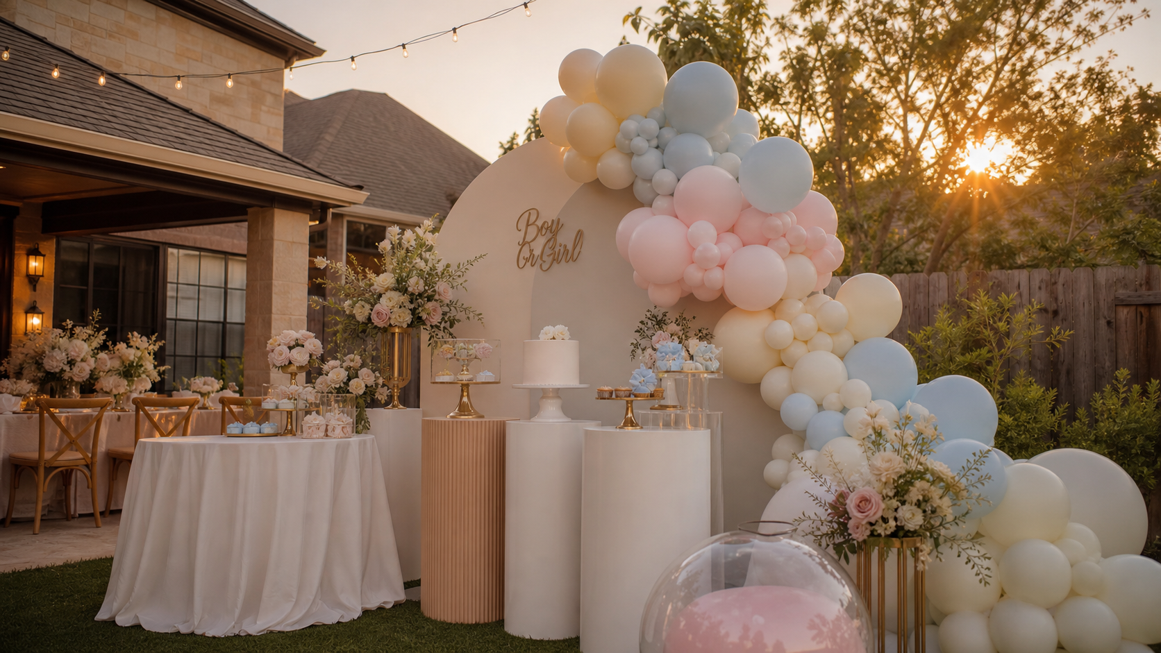 Gender reveal backdrop with Boy or Girl sign and soft balloons