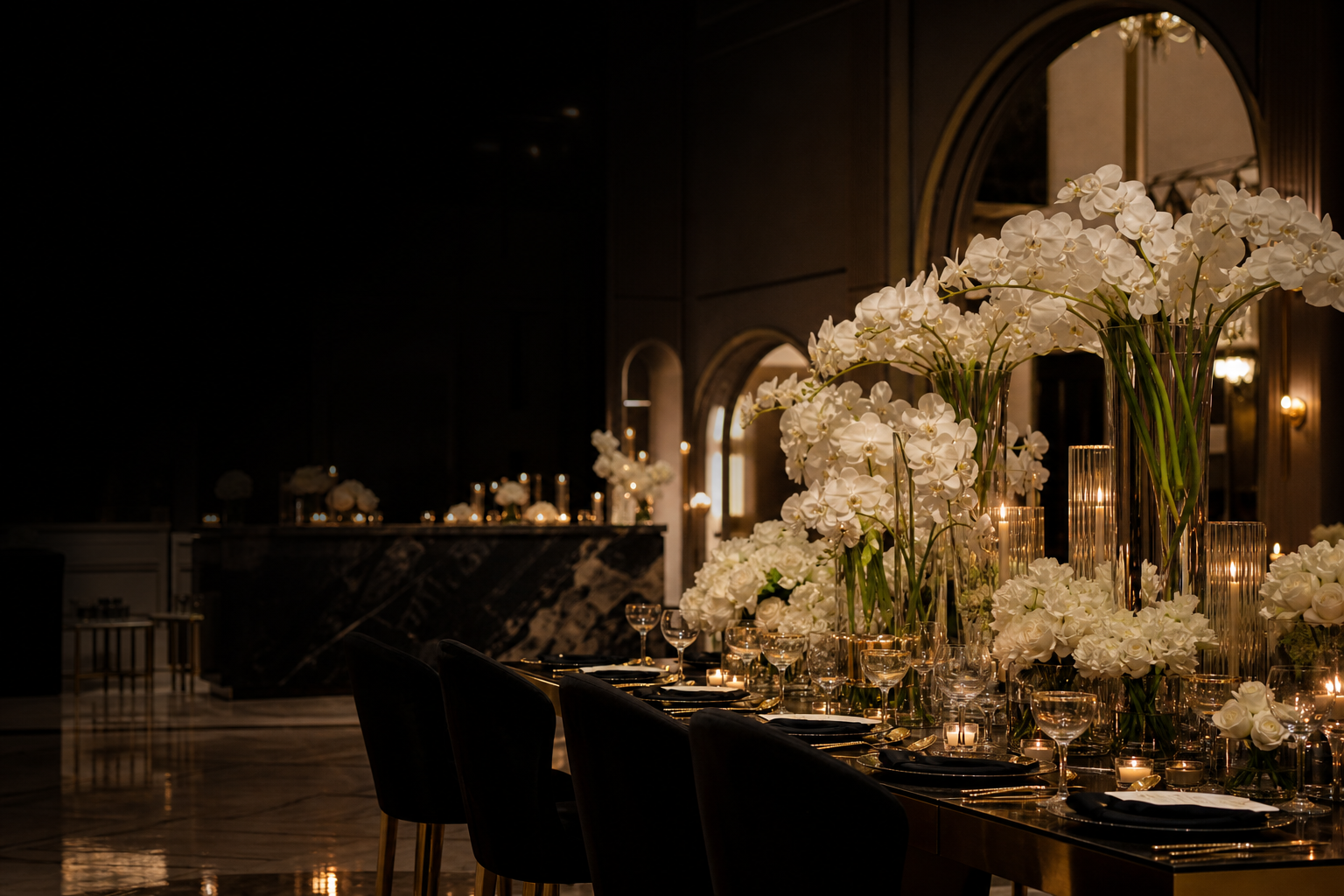 Luxury candlelit event tablescape with white florals and champagne coupes