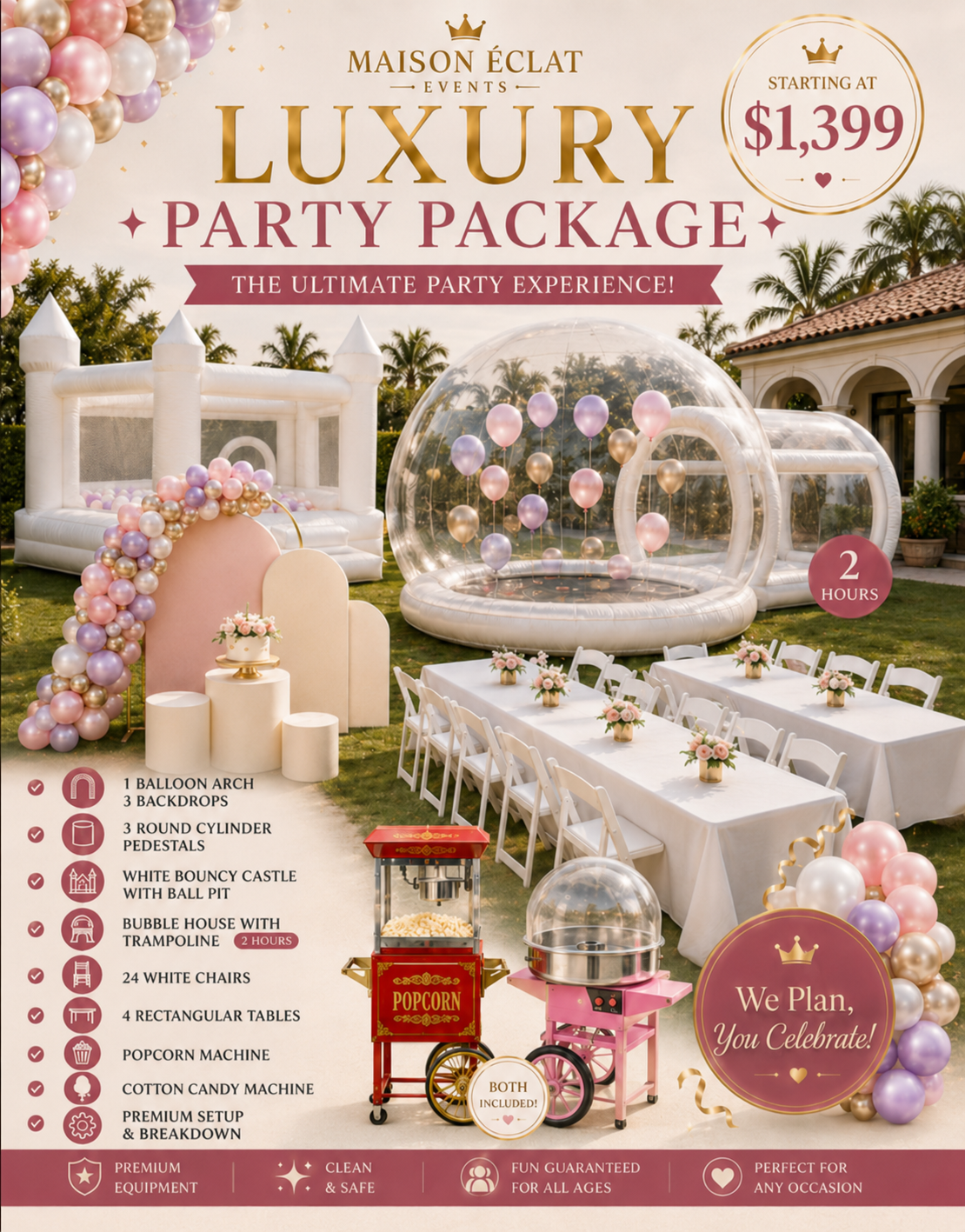 Maison Eclat Events Luxury Party Package with inflatables, event styling, seating, and concession carts