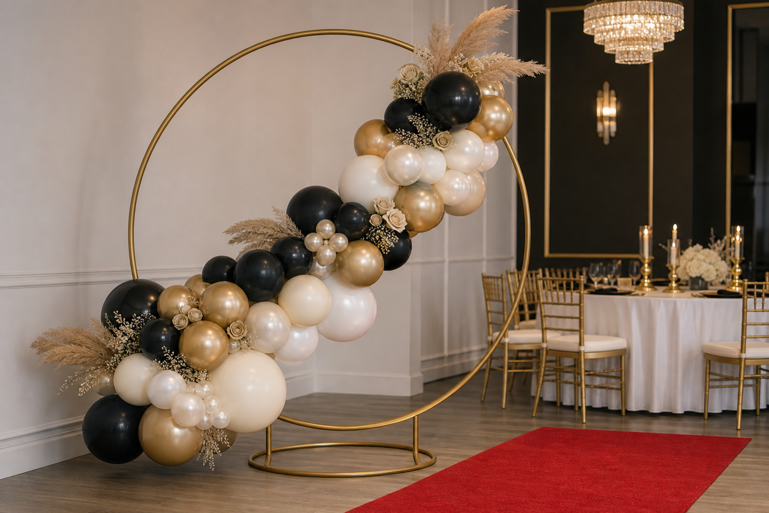 Diagonal hoop balloon installation in black, champagne gold, and ivory