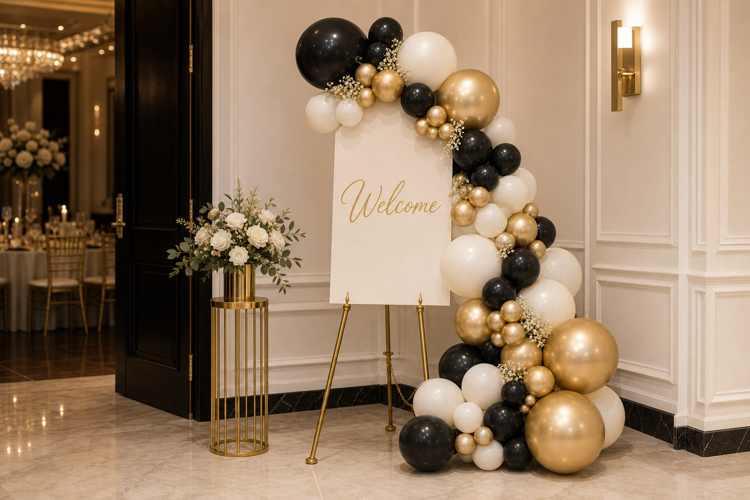 Gold easel welcome sign with black ivory and champagne balloon garland