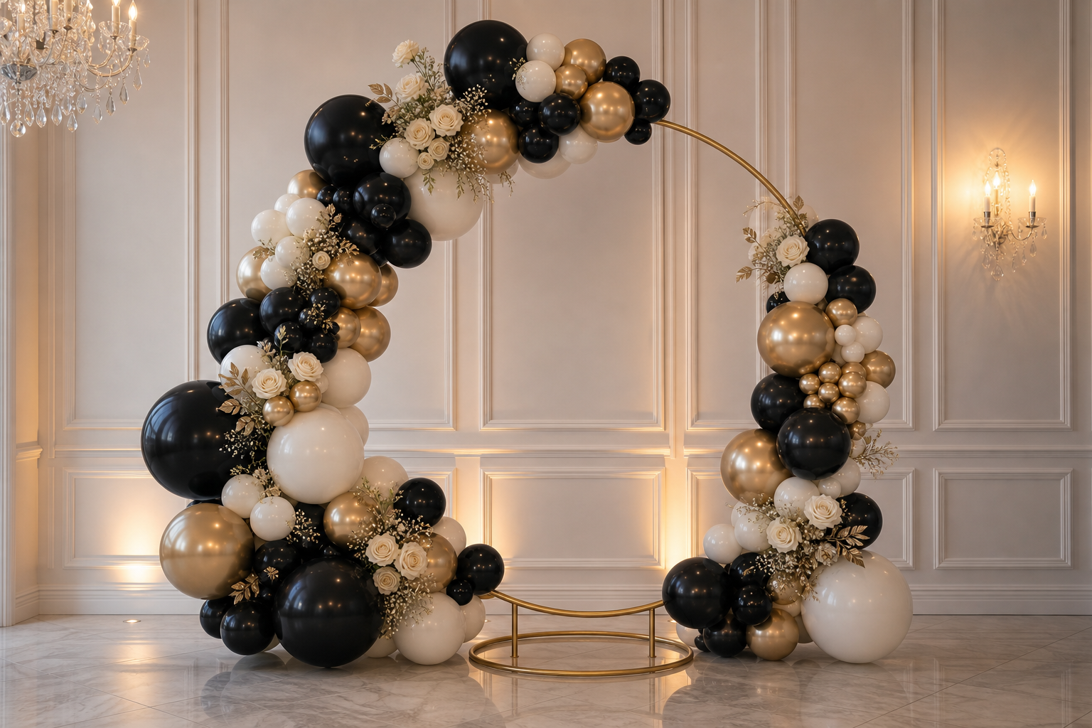 Full gold hoop balloon installation in black ivory and champagne gold