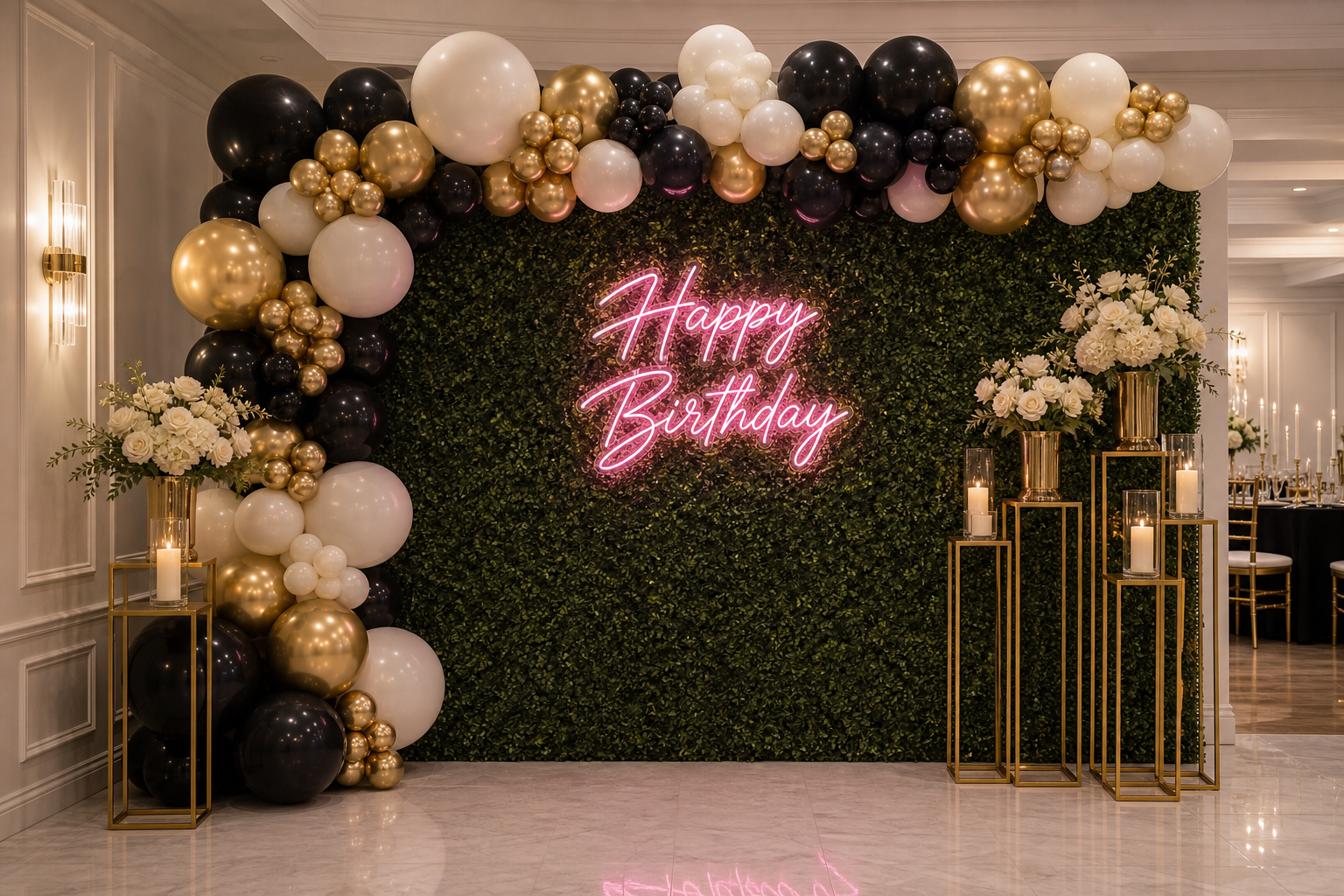 Greenery wall with pink Happy Birthday neon sign and balloon garland