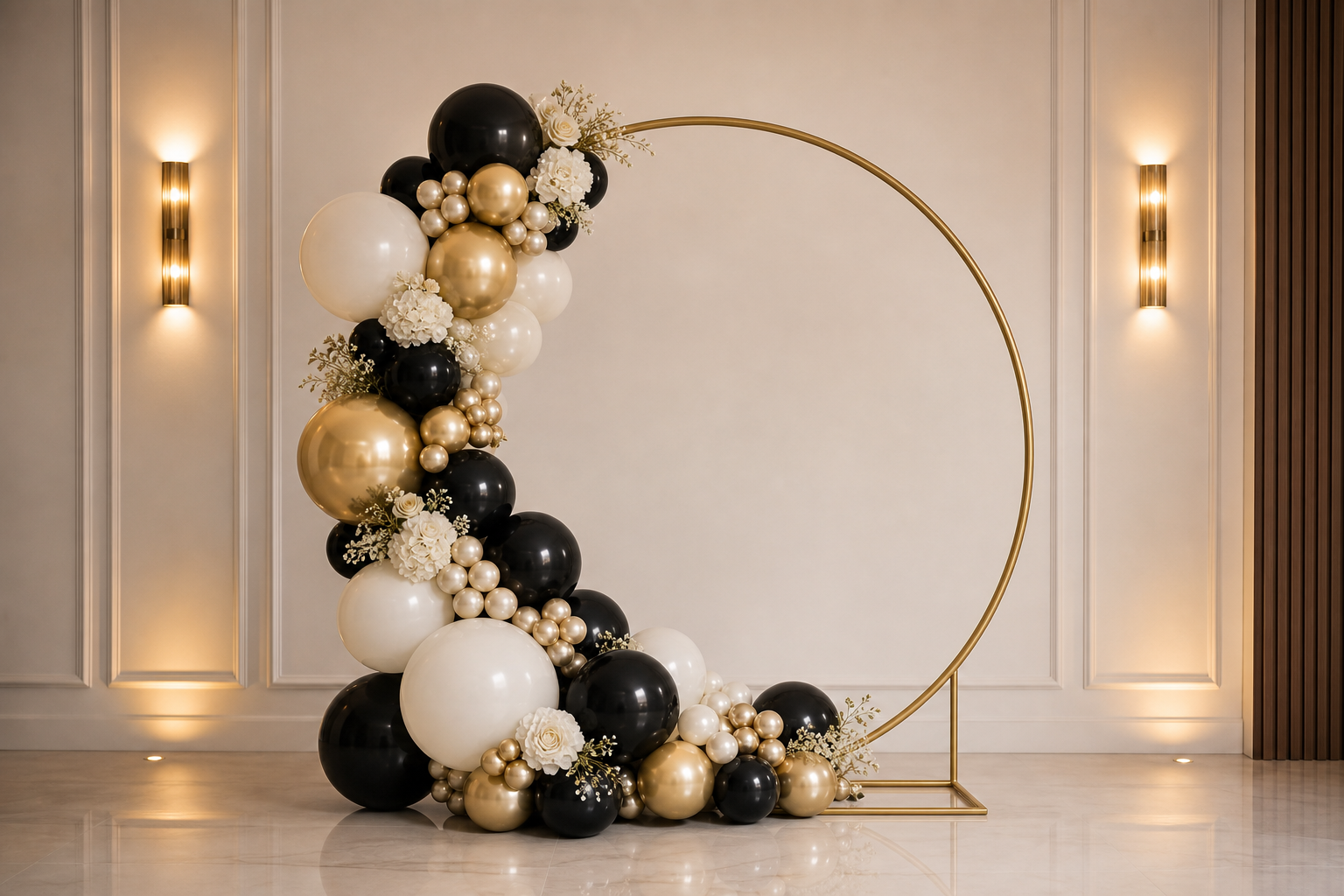 Half hoop balloon installation in black ivory and champagne gold