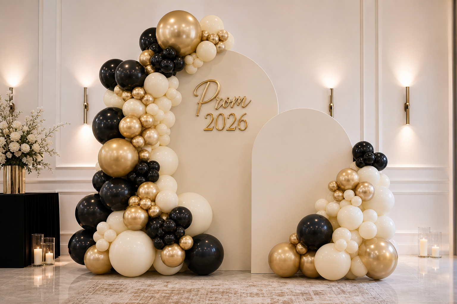 Two arch backdrop with mounted Prom 2026 sign and balloon garlands