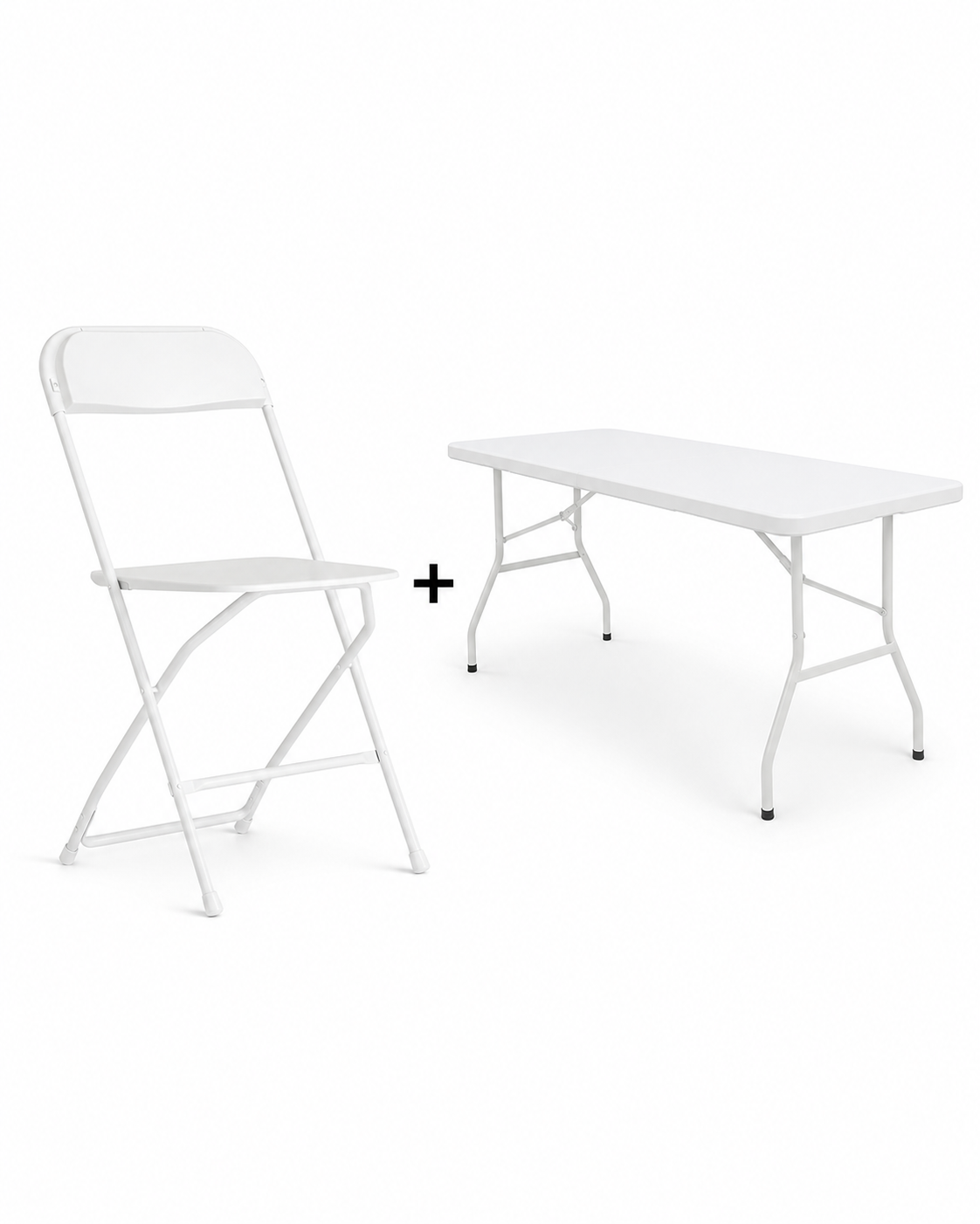 White folding chair and white folding table rental package