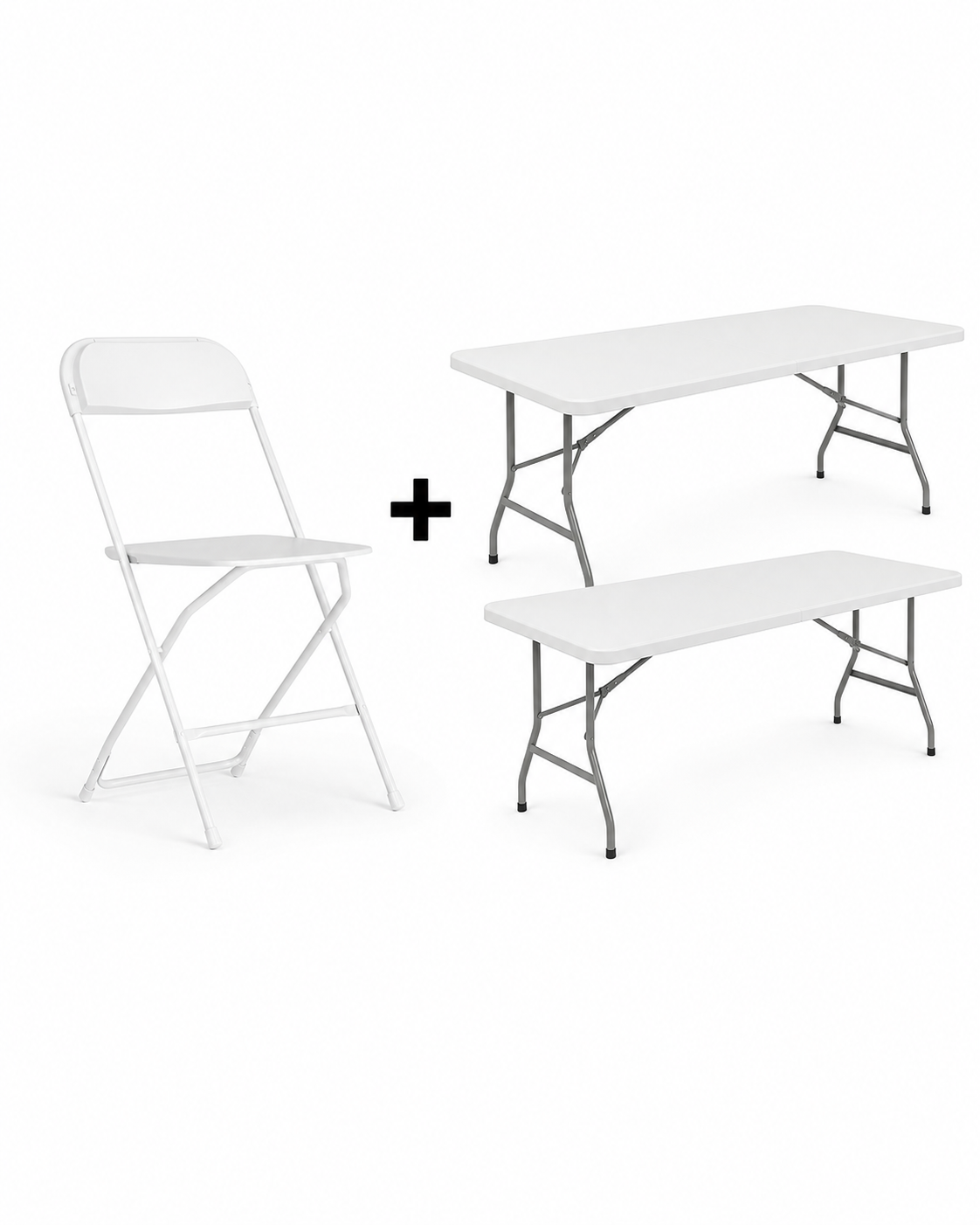 One white folding chair and two white folding tables