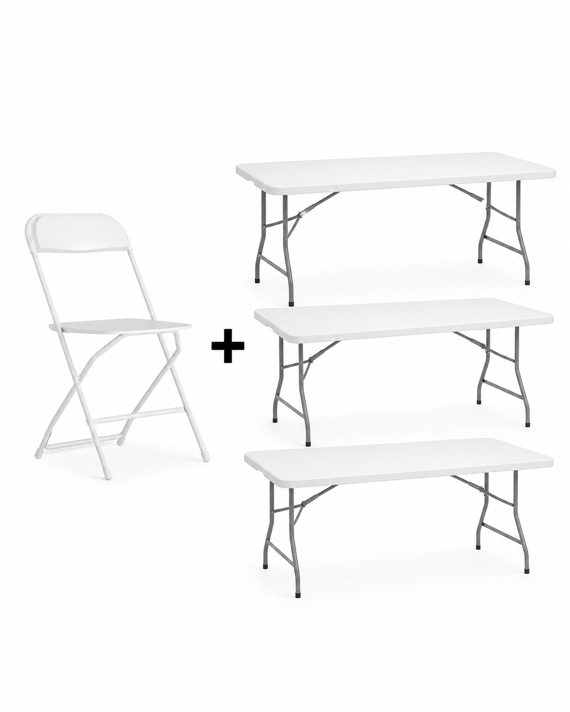 One white folding chair and three white folding tables