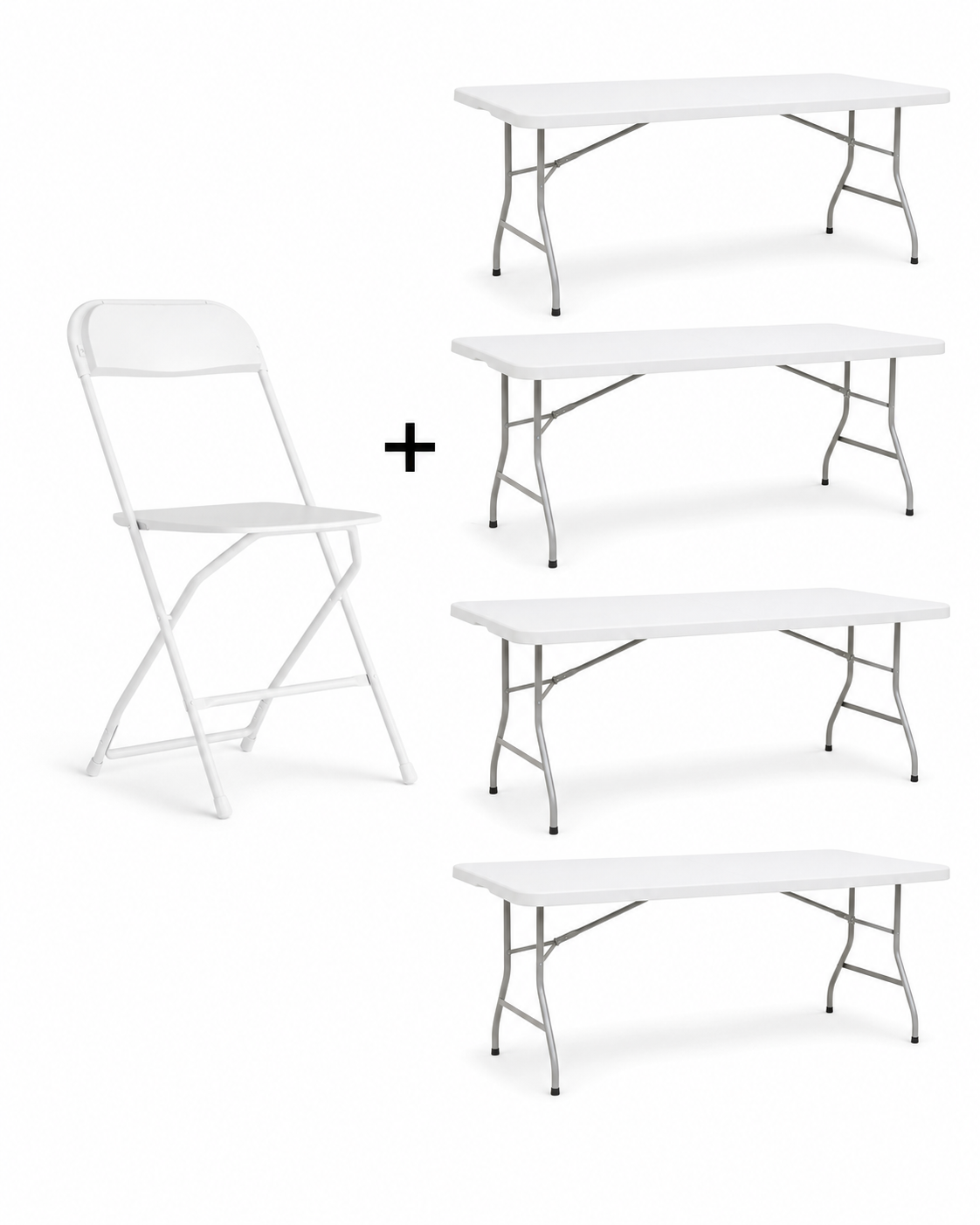 One white folding chair and four white folding tables