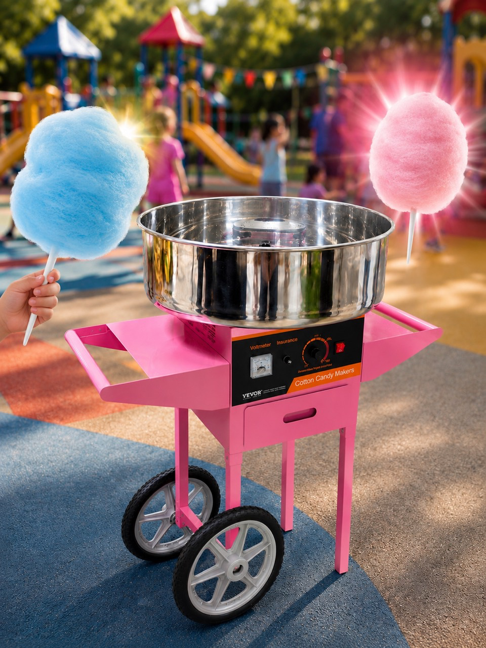 Pink Cotton Candy Machine rental cart in a playful outdoor event setting