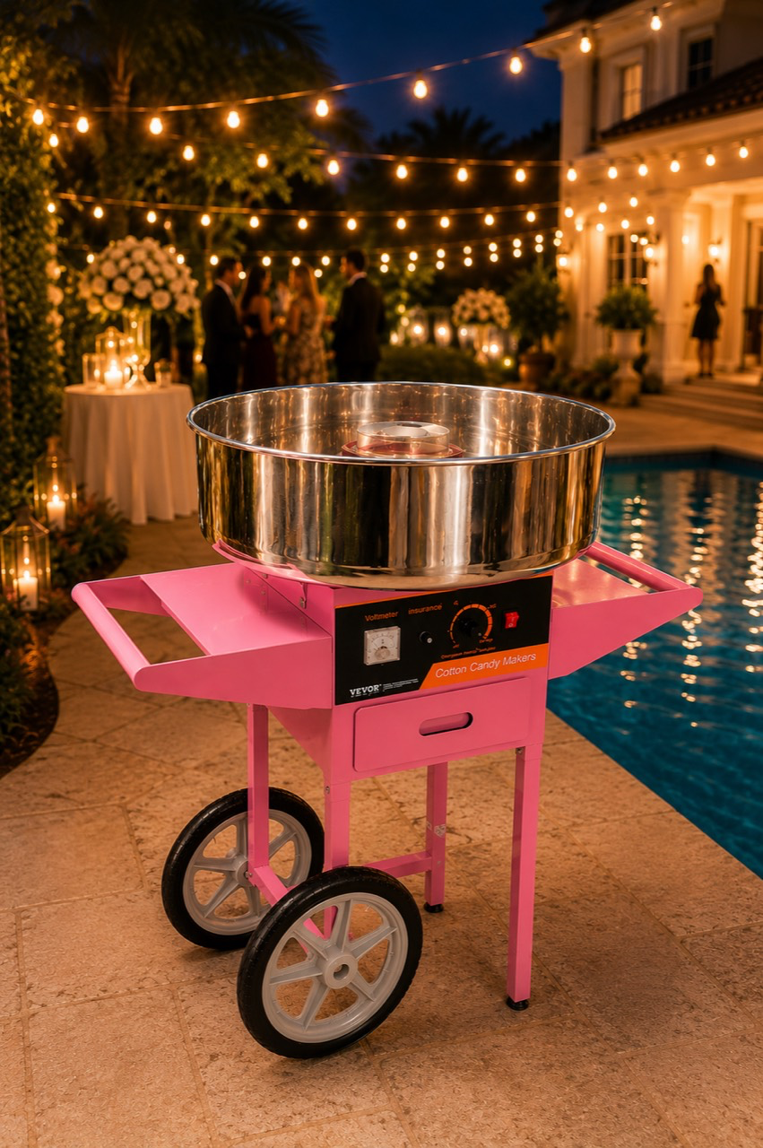 Cotton Candy Machine rental cart staged beside a pool at night with warm event lighting