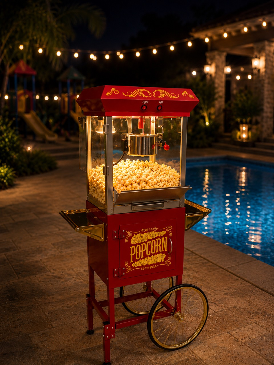 Popcorn Maker rental staged beside a pool at night with warm event lighting