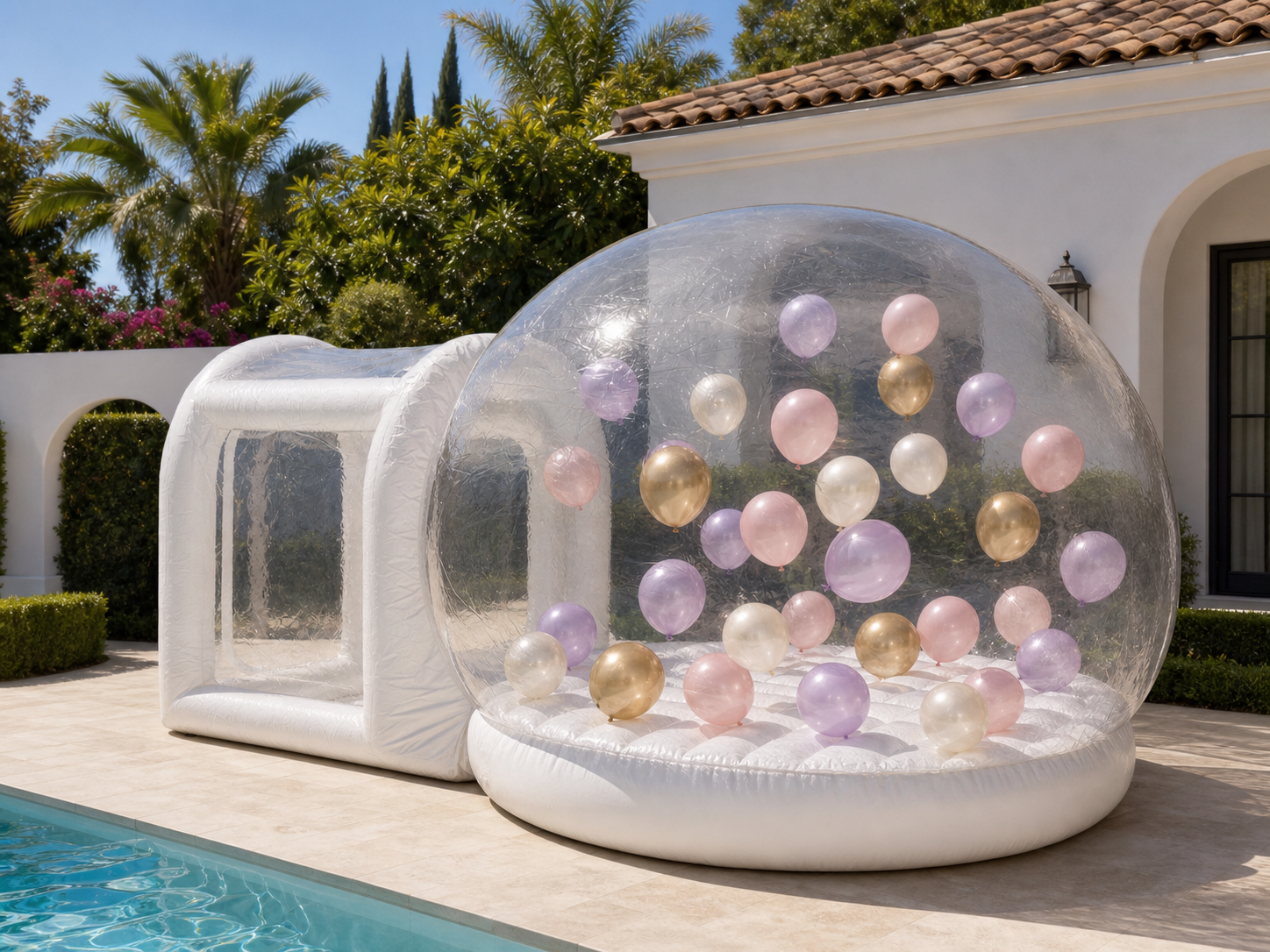 Trampoline Bubble House with luxury balloon styling in an upscale backyard