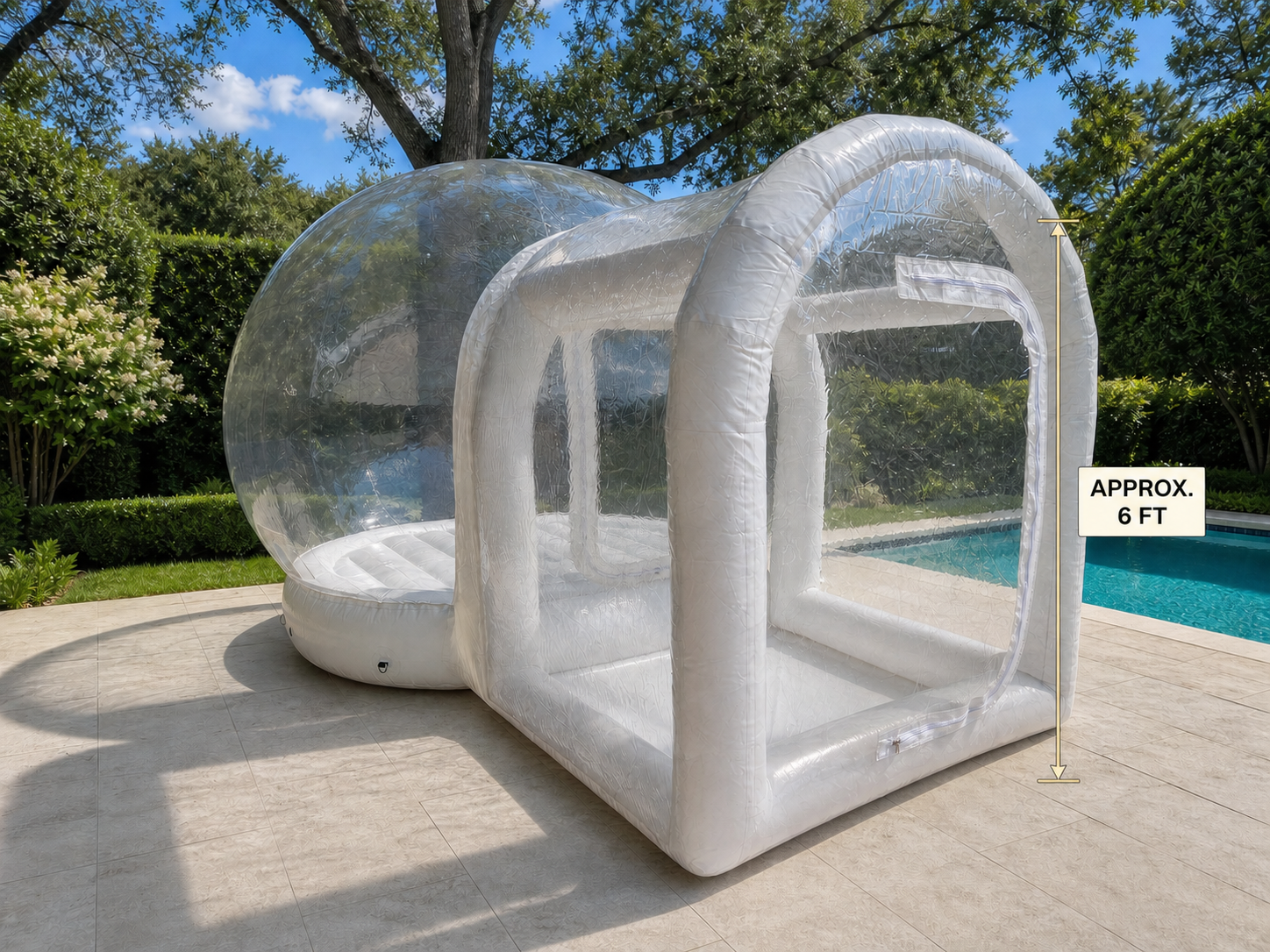 Approximate six-foot entrance height reference for the Trampoline Bubble House